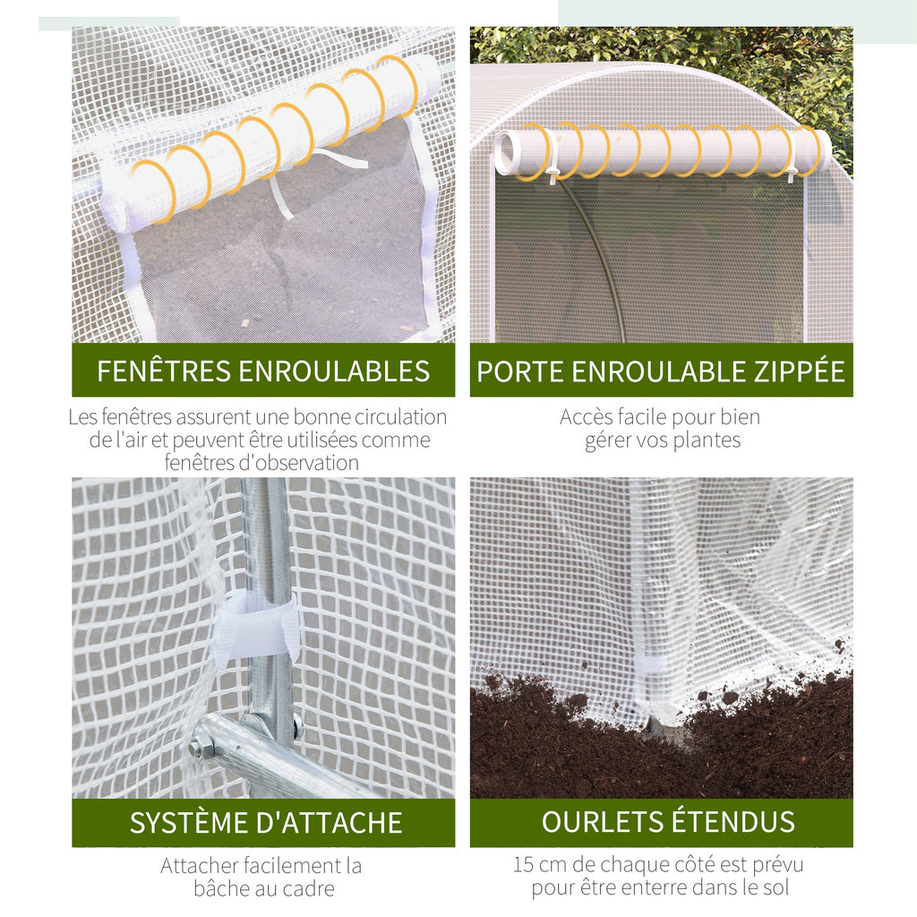 Serre tunnel de jardin 8m², serre de jardin tunnel avec porte et 6 fenêtres, bâche PE 140 g/m² 400 x 200 x 200 cm blanc-5
