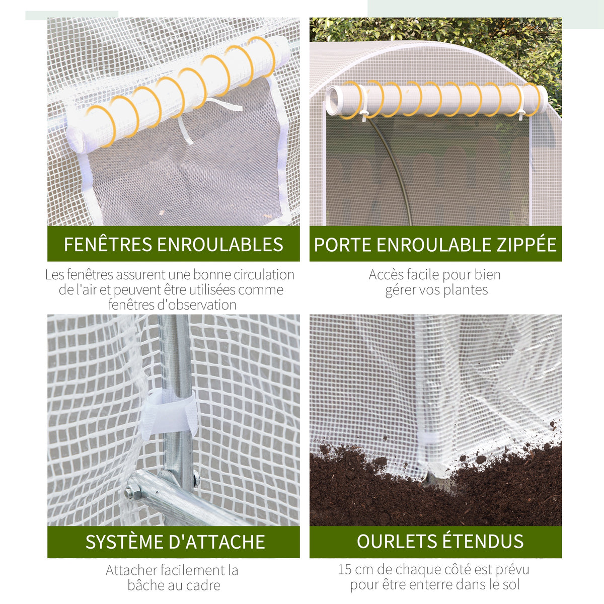 Serre tunnel de jardin 8m², serre de jardin tunnel avec porte et 6 fenêtres, bâche PE 140 g/m² 400 x 200 x 200 cm blanc-5
