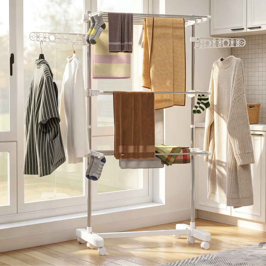 Étendoir à Linge 3 Niveaux, Sechoir a Linge avec 6 Roulettes, Pliable, Cadre en Acier Inoxydable et Ailes Latérales, pour Intérieur Extérieur, 142 x 55 x 152 cm, Blanc-1