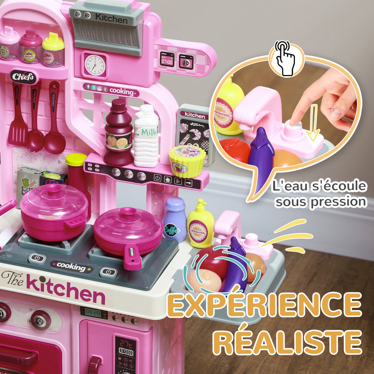 Cuisine enfant accessoires 33 PCS jouet d'imitation pour enfant dinette enfant 3-6 ans lumières et sons réalistes rose-4