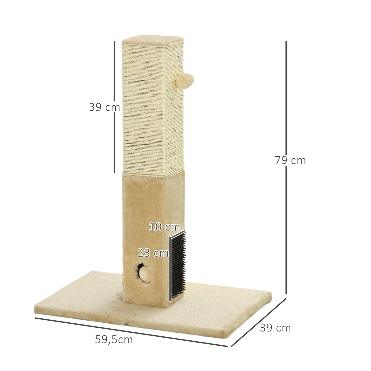 Poteau à gratter pour chat griffoir pour chat balle avec clochette 2 brosses de toilettage 59,5 x 39 x 79 cm beige crème-2