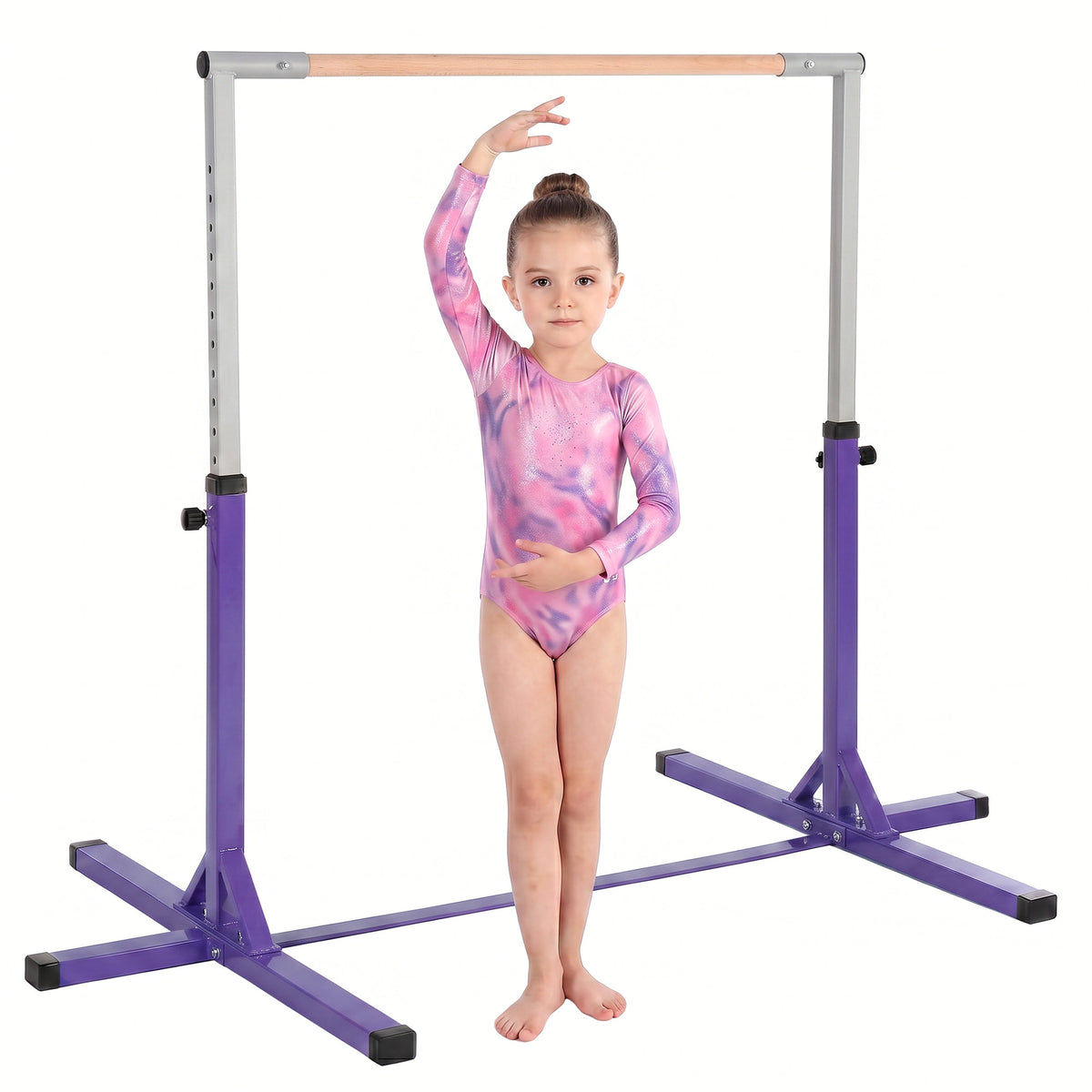 Barre Fixe de Gymnastique pour Enfant, Hauteur Réglable sur 13 Niveaux de 92-150 cm, en Acier et Bois de Hêtre, Barre de Gym d'Entraînement à Domicile, Antidérapant, Facile à Assembler, Violet-0