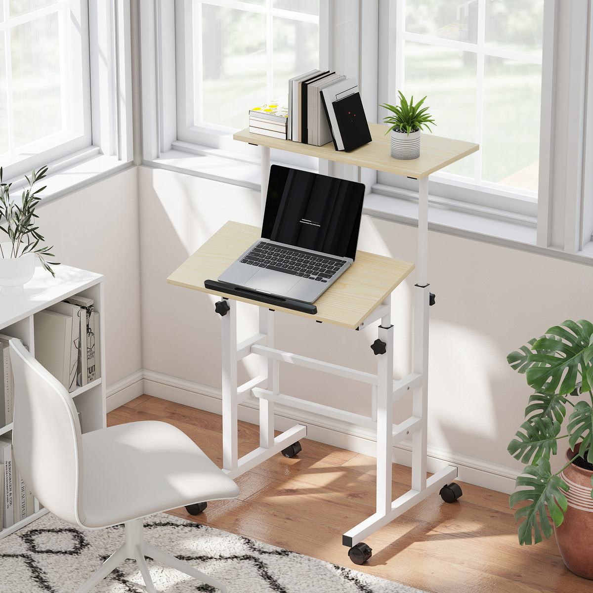 Bureau assis debout bureau réglable en hauteur 60 x 60 cm à roulettes avec plateau inclinable cadre en métal naturel-1