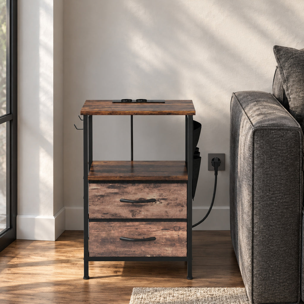 Table d'Appoint, Bout de Canapé, 2 Tiroirs et Sac de Rangement, Station de Charge, 40x30x60cm, Brun Rustique et Noir-1
