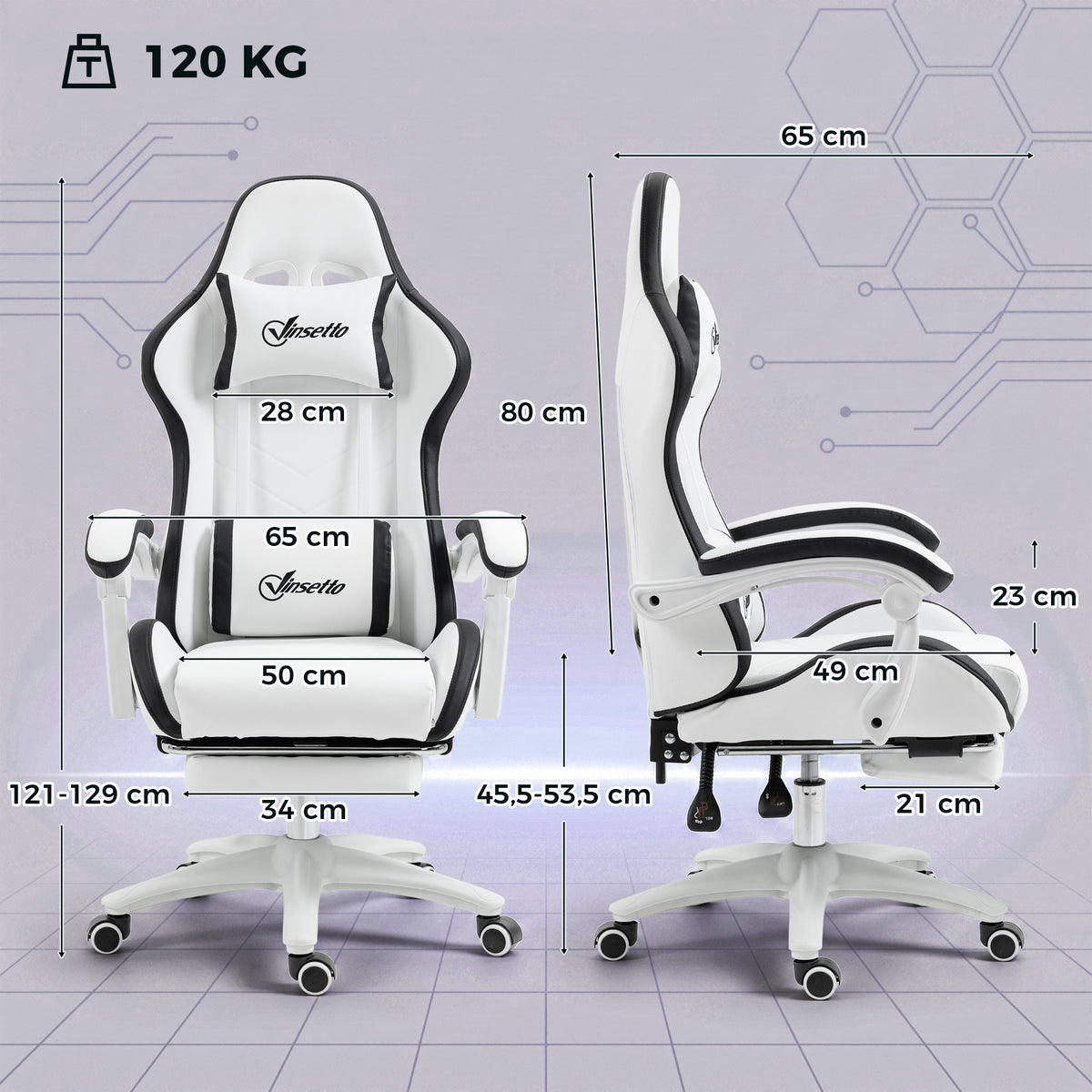 Siège gaming fauteuil gaming dossier inclinable 135° avec appui-tête repose-pieds 65l x 65P x 121-129H cm blanc et noir-2