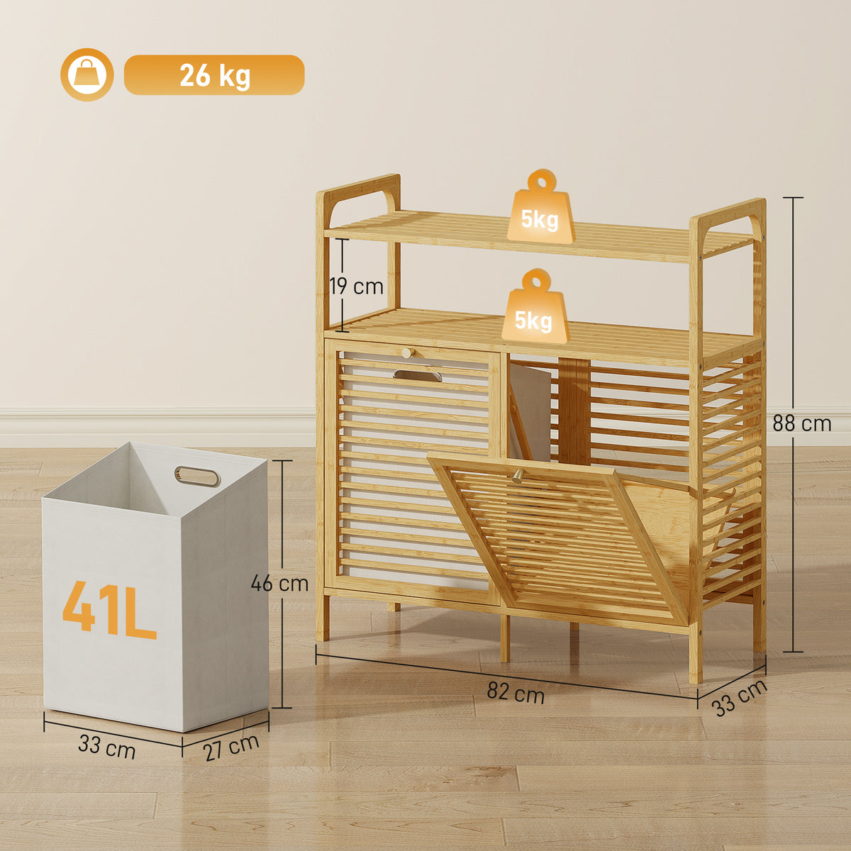 Meuble salle de bain en bambou, armoire salle de bain avec 2 paniers à linge et 2 étagères, 82x33x88cm, bois naturel-2