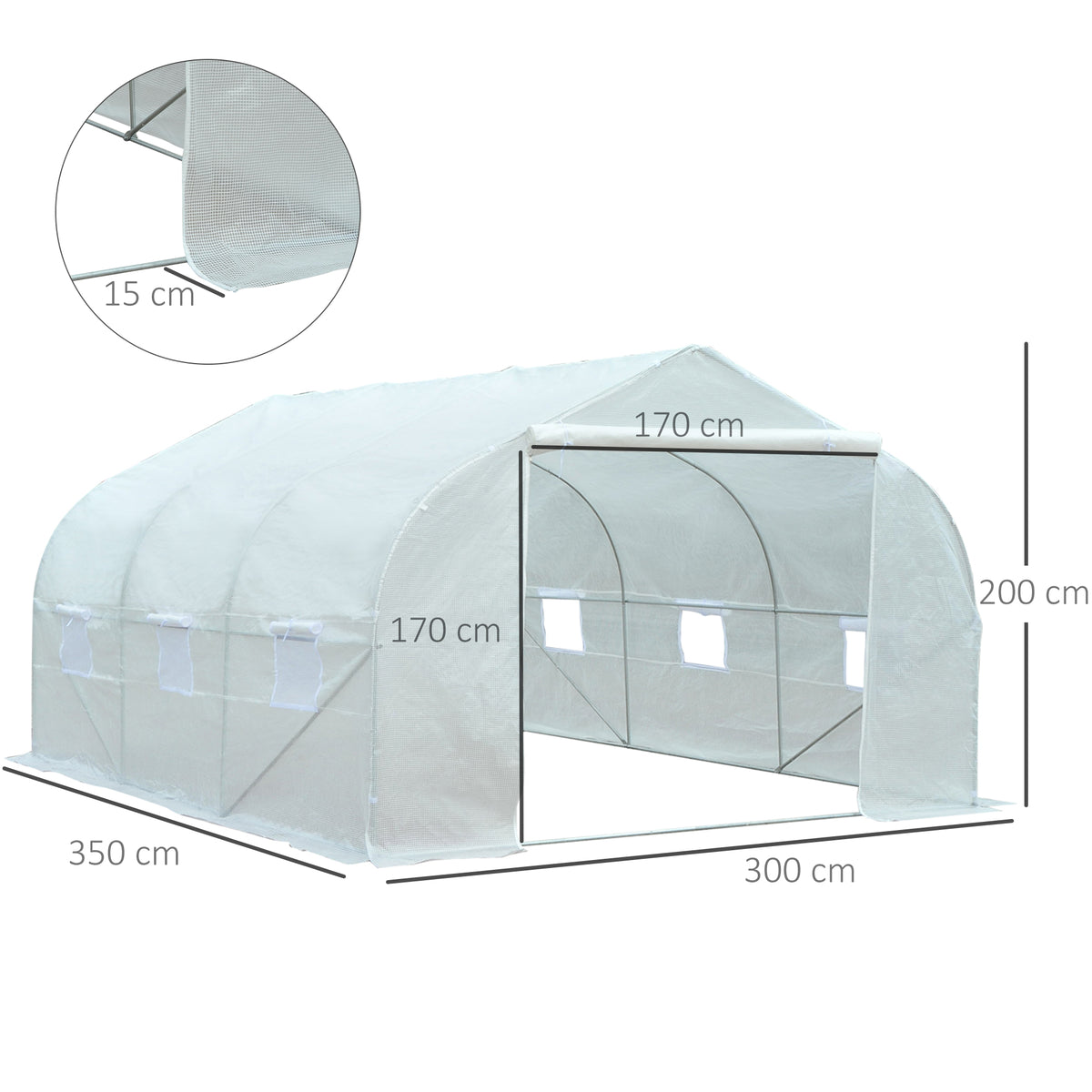 Serre Tunnel de Jardin 10,5 m² dim. 3,5L x 3l x 2H m Porte + 6 fenêtres enroulables Acier galvanisé bâche PE Haute densité Blanc-2