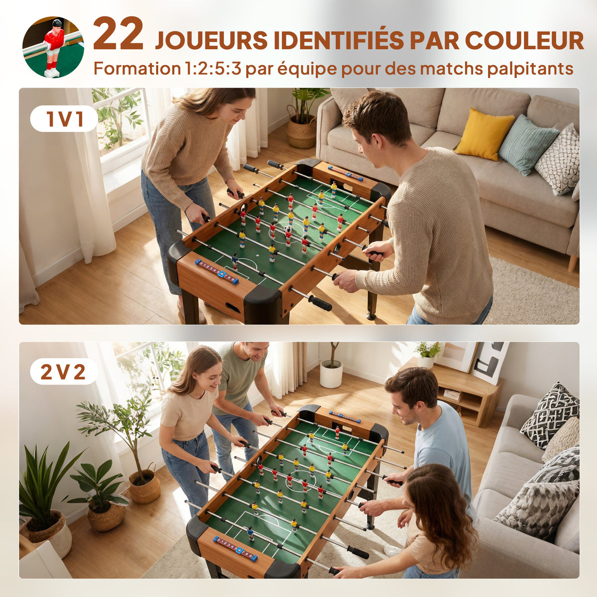 Baby-foot 92 cm, 22 joueurs, 2 balles, compteurs manuels, poignées antidérapantes, marron-4