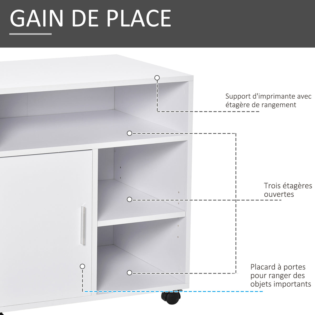 Support d'imprimante organiseur bureau caisson placard porte 3 niches + grand plateau panneaux particules blanc-4