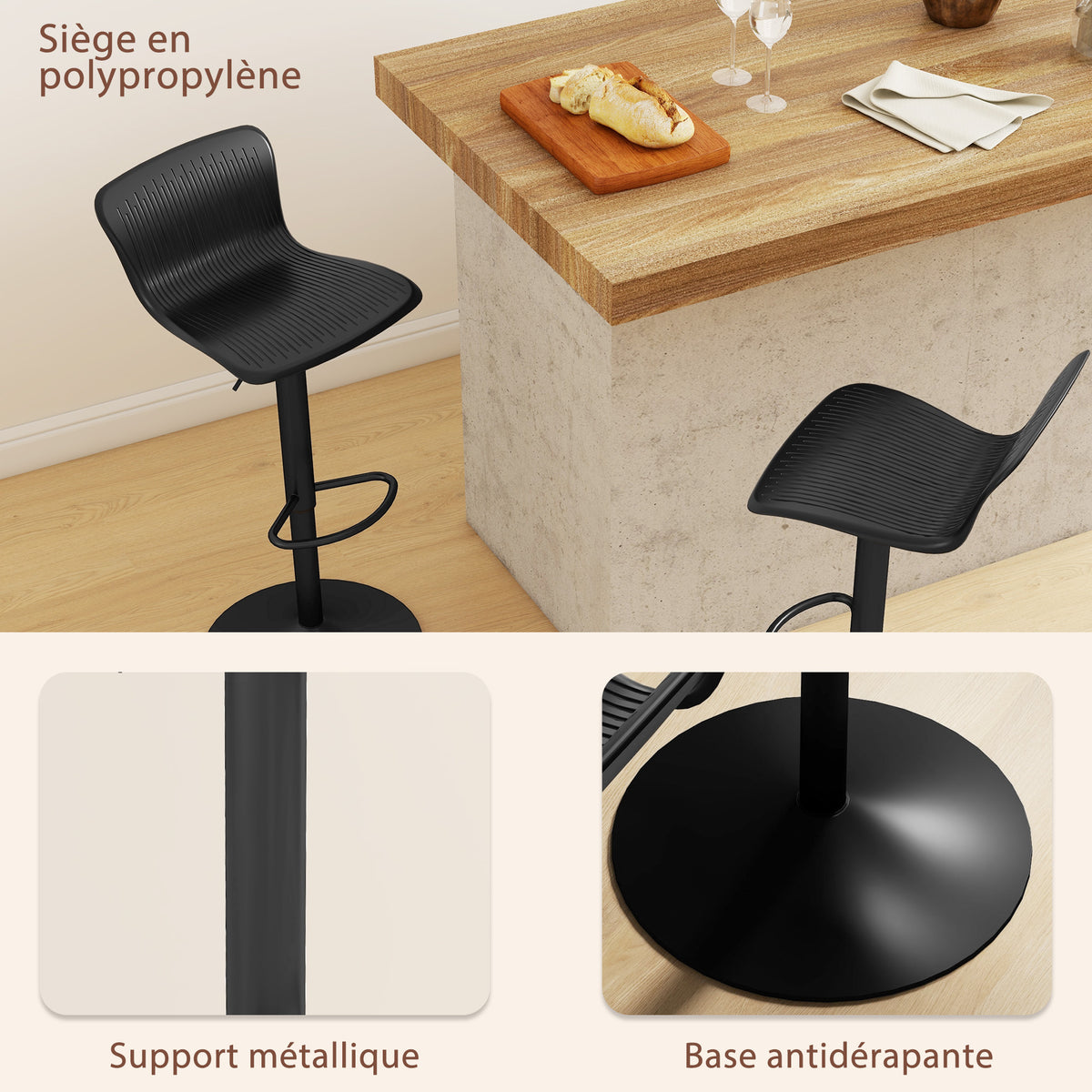 Lot de 2 tabourets de bar, chaises de bar réglable en hauteur, dossier et repose-pieds, 38,5x40x76,5-97,5cm, noir-5