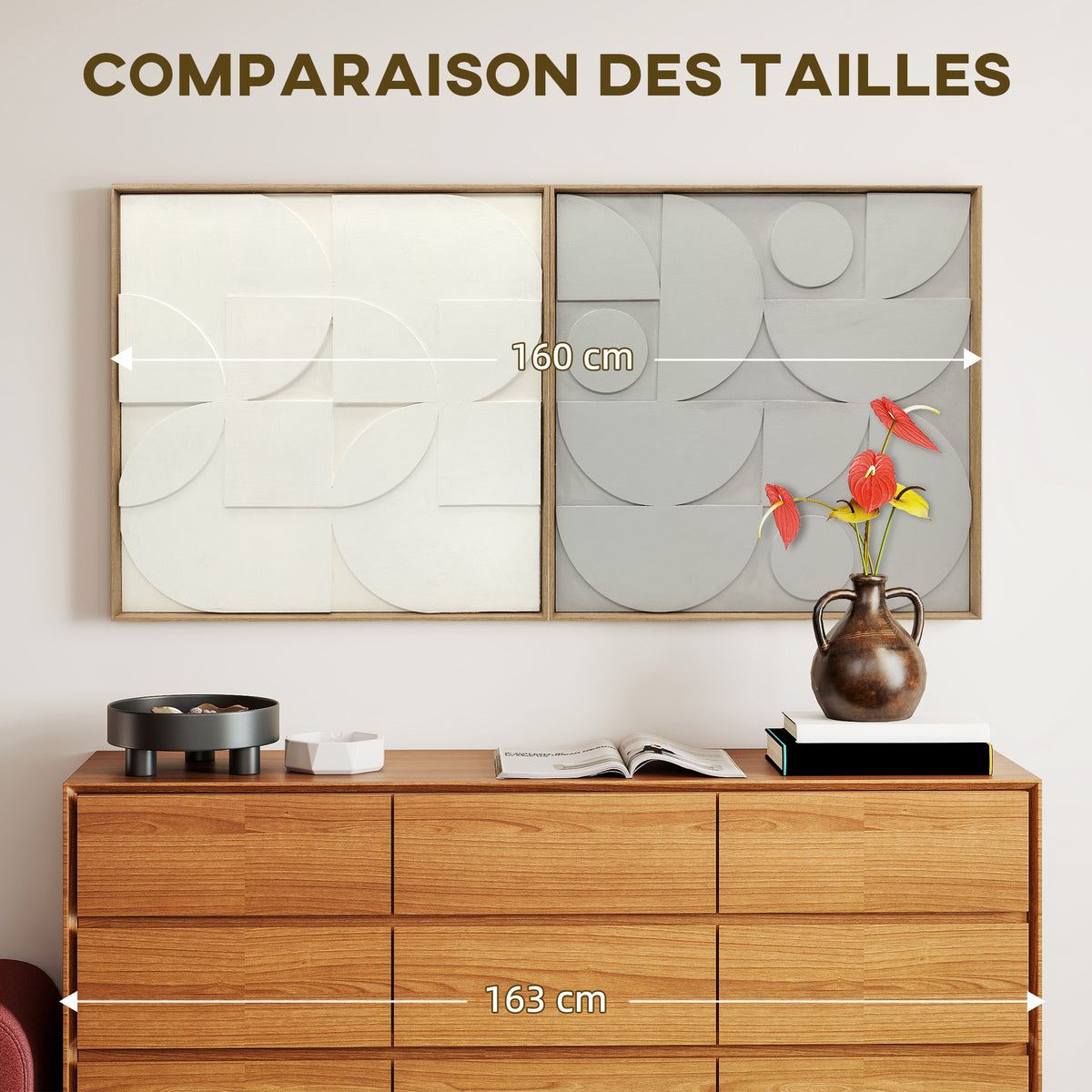 Lot de 2 tableaux abstraits 3D, décoration murale en bois géométrique, pour salon, chambre, bureau, 80 x 80 cm, blanc-6