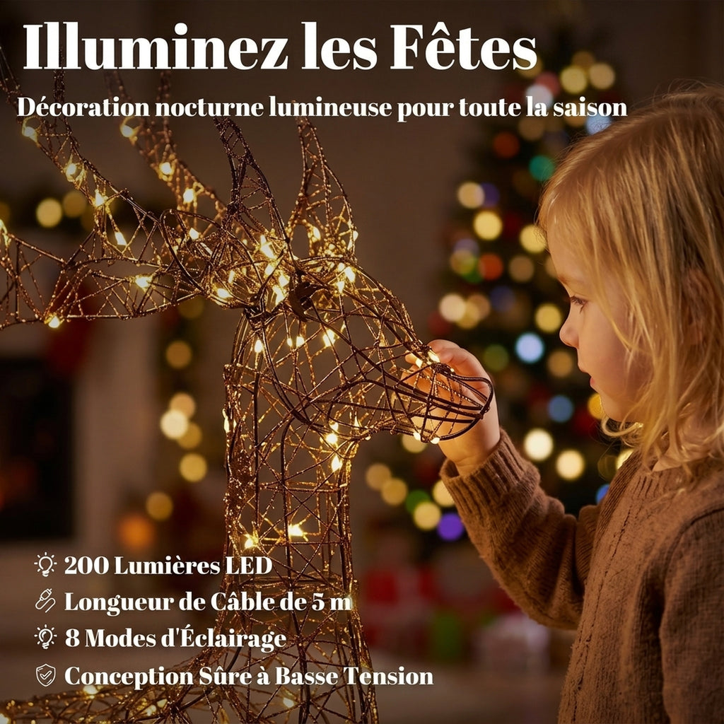 Lot de 3 Rennes Lumineux Noël Extérieur 120 cm, Cerf Lumineux Noël avec 200 LED Blanc Chaud, 8 Modes et Minuterie-4