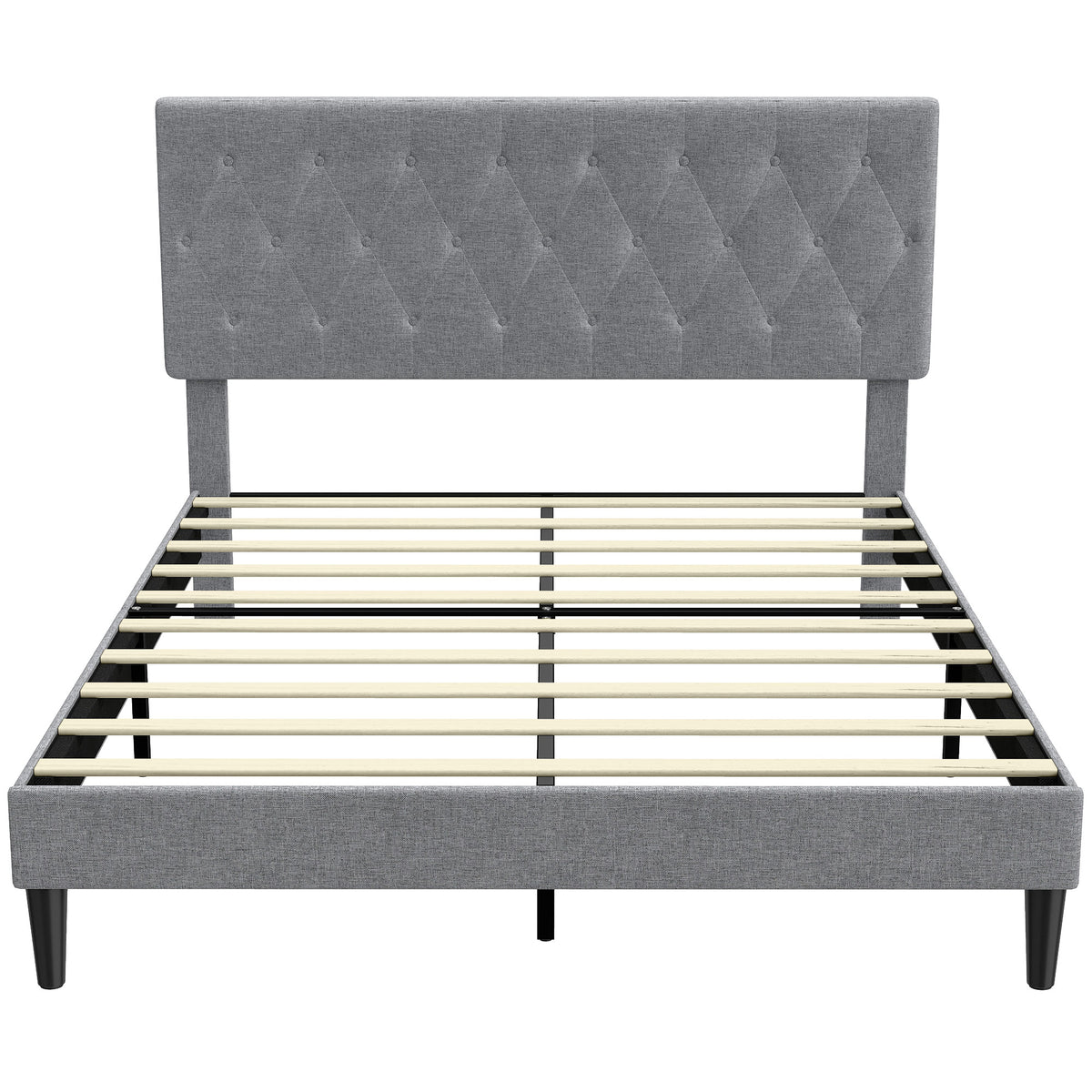 Cadre de Lit 140 x 190 cm avec Sommier, Lit Double Rembourré en Lin, Tête Capitonnée, Support à 10 Lattes, Gris-0