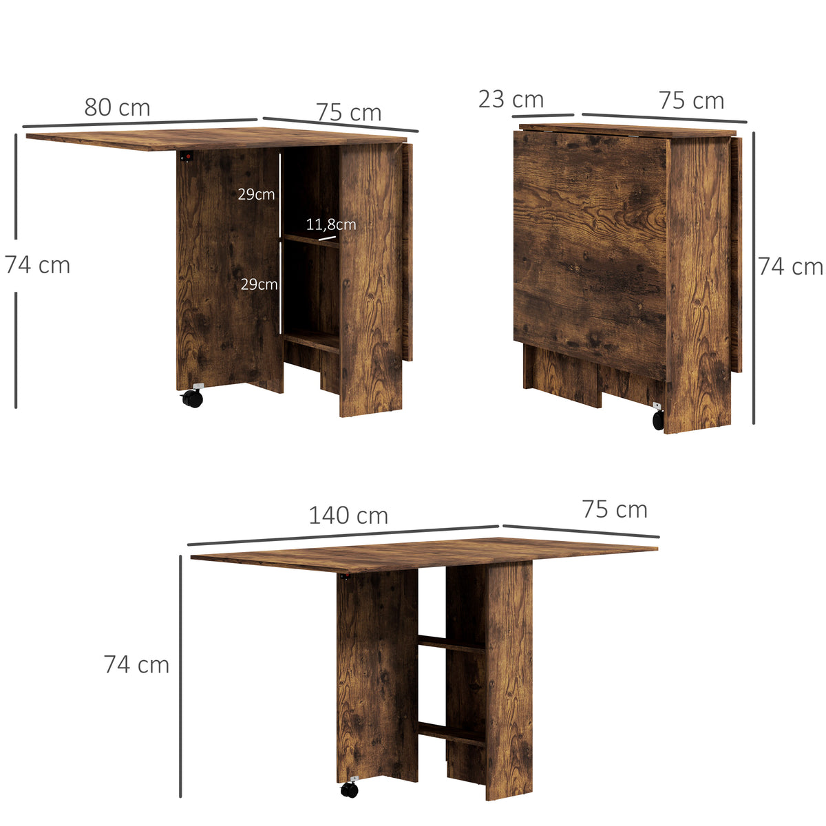 Table à Manger Pliante Mobile sur Roulettes, 2 Plateaux Rabattables, 2 Étagères Intégrées, 140x80x74cm, Brun Rustique-2