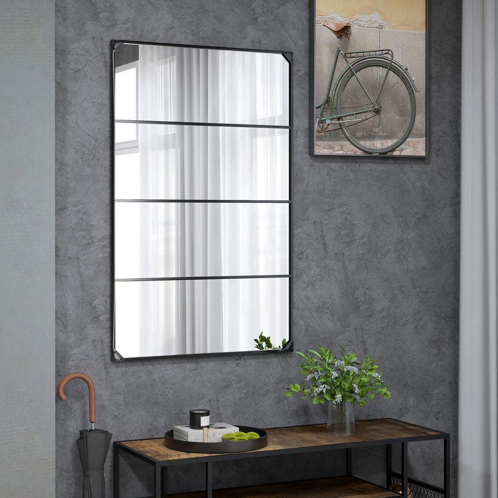 Miroir mural verrière rectangulaire style industriel, horizontal ou vertical avec 4 crochets, en métal noir 109 x 69 cm-1