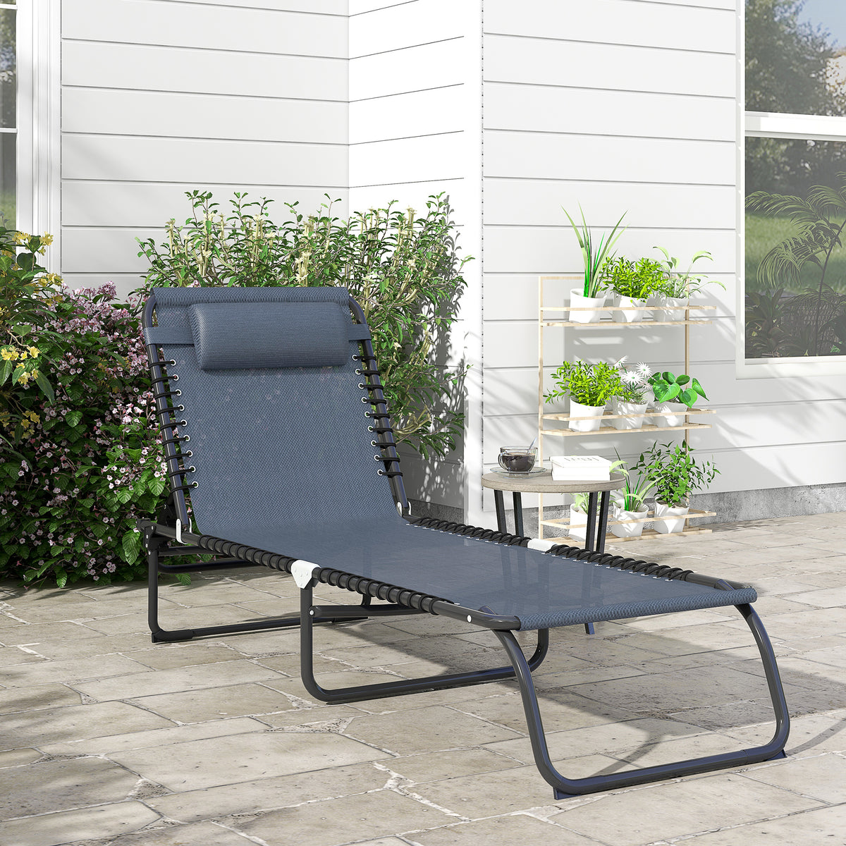 Bain de Soleil transat Pliable Dossier inclinable Multi-Positions Acier thermoplastique Lacets élastiques Noir-1