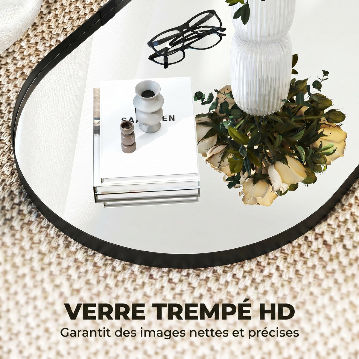 Miroir mural, miroir décoratif 60 x 90 cm en verre trempé et cadre en aluminium, pour chambre, salon, couloir, noir-4