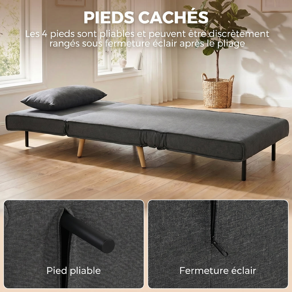 Canapé-lit 1 place avec dossier réglable, coussin inclus et pieds pliables charge 120 kg gris-6