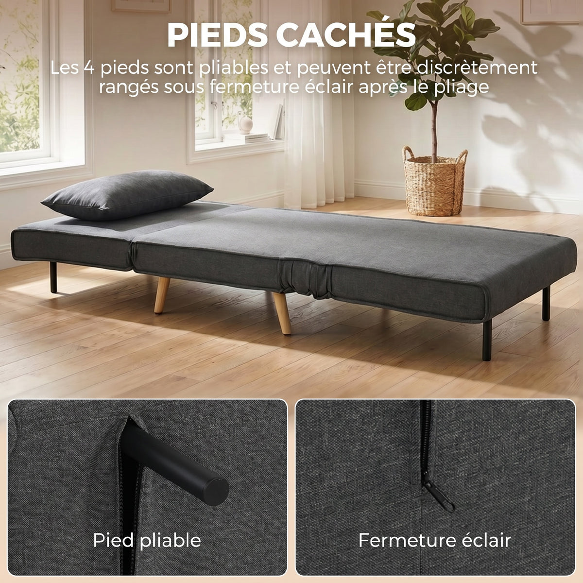 Canapé-lit 1 place avec dossier réglable, coussin inclus et pieds pliables charge 120 kg gris-6