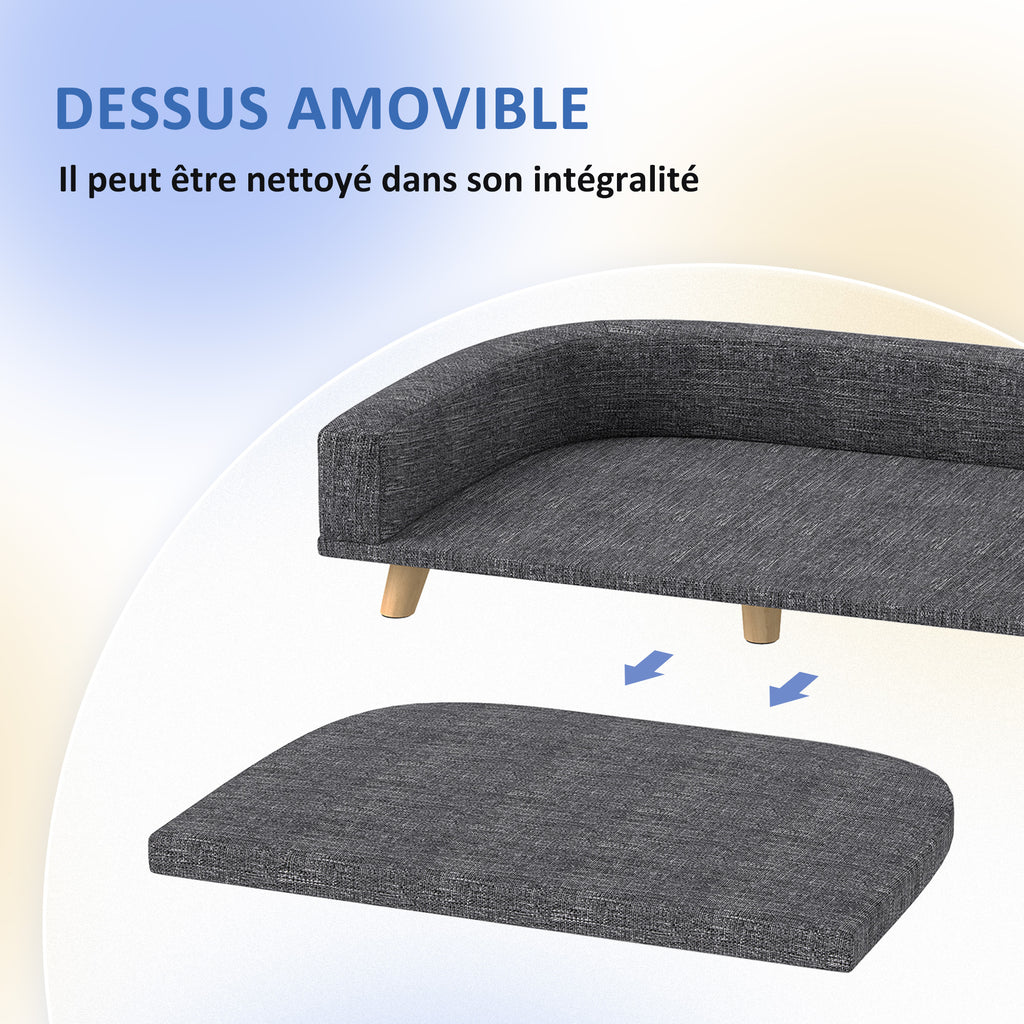 Canapé Chien Grand Lit surélevé pour Chien Coussin Lavable Cadre en Bois Tissu Polyester 98 x 67 x 25 cm Gris Foncé-4