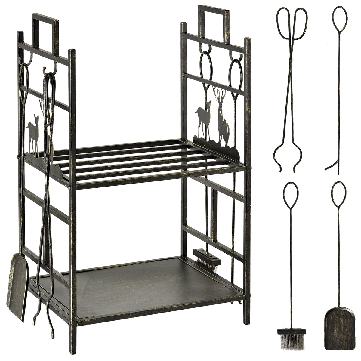 Porte-bûches range bûches étagère à bois de cheminée serviteur de cheminée cerf multi-accessoires 2 étagères dim. 51,5L x 33l x 77H cm métal noir or vieilli-0