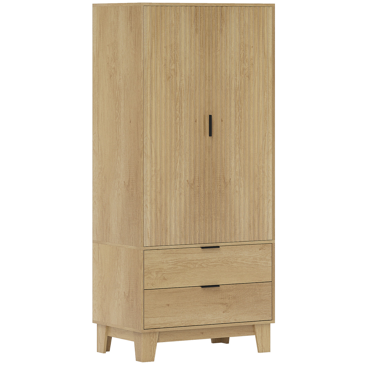 Armoire chambre penderie avec 2 portes à fermeture douce, 2 tiroirs et barre de suspension, 80x50x180cm, bois naturel-0