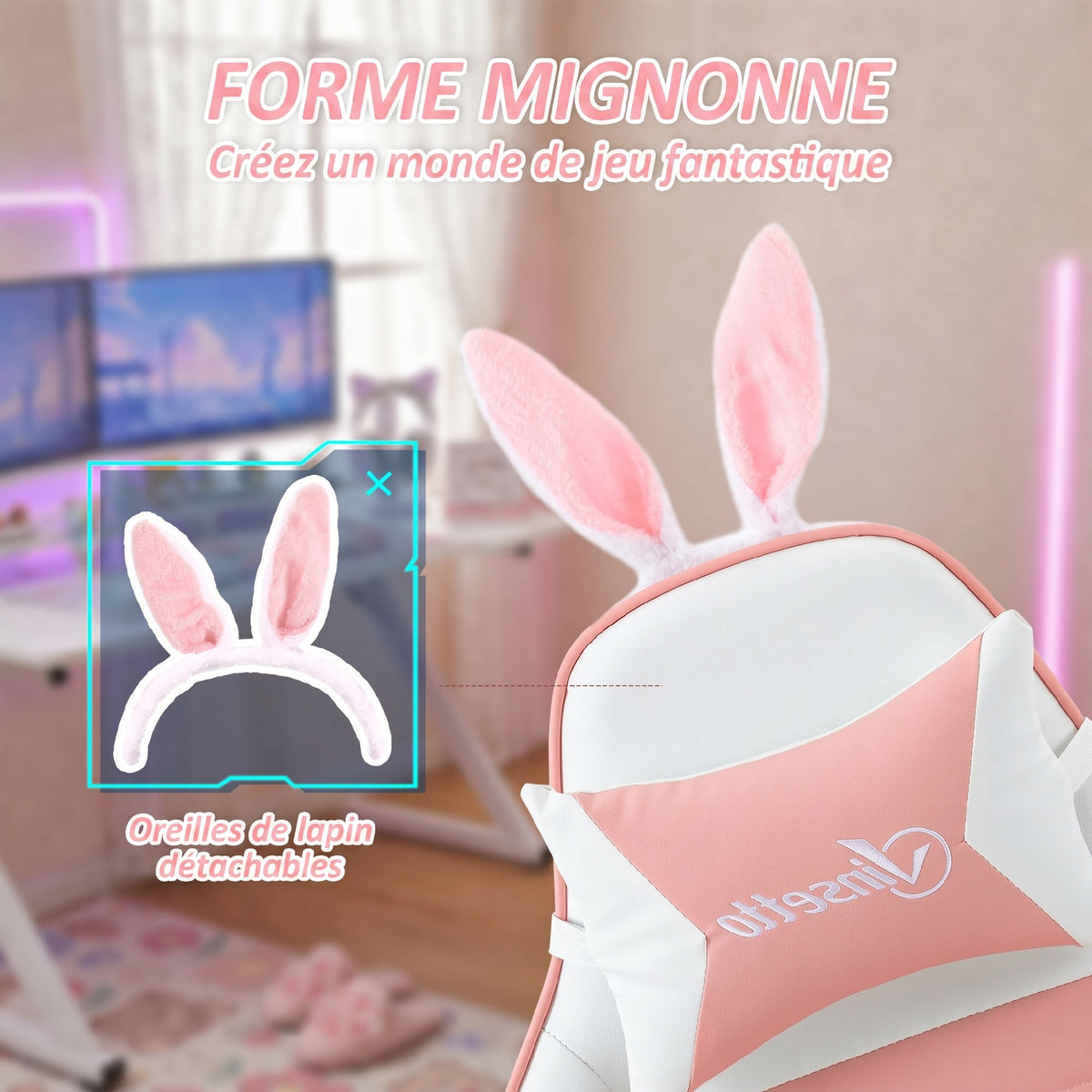 Chaise de gaming avec support lombaire, hauteur réglable, dossier inclinable, oreilles de lapin et appui-tête, rose-3