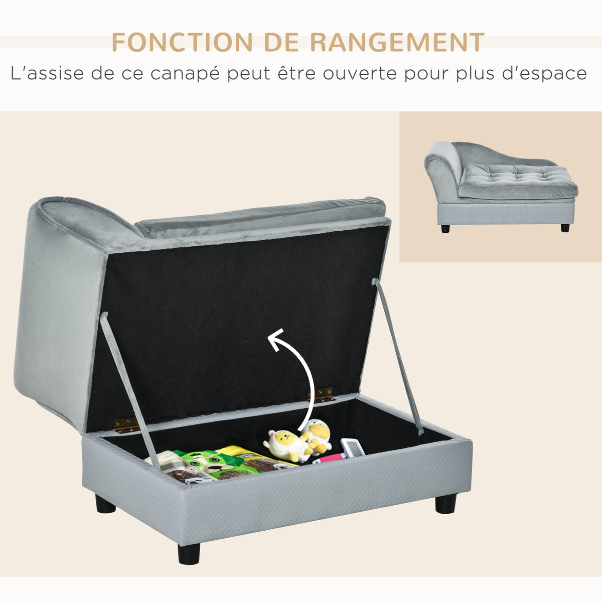 Canapé Chien Chat sur Pied avec Coffre de Rangement Style Moderne Coussin d'assise Amovible Grand Confort 76 x 45 x 43 cm gris clair-5