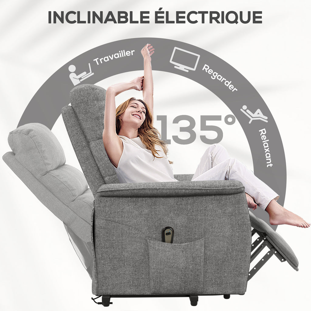 Fauteuil releveur électrique avec repose-pied dossier inclinable télécommande et pochette gris-4