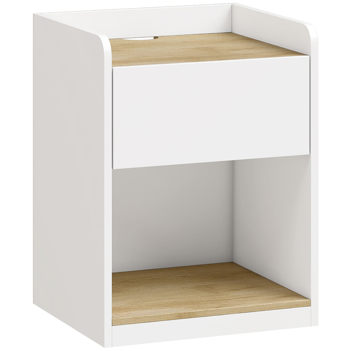 Table de Chevet Moderne, Table de Nuit avec Tiroir à Glissières, Niche, Plateau, Passe-câbles, 42x37x55cm, Blanc Chêne-0