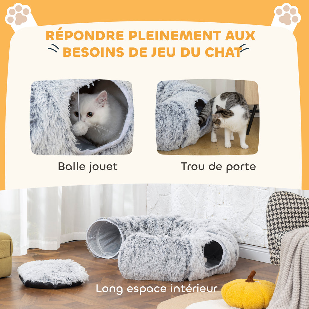 Tunnel pour Chat Intérieur avec Lit de Chat en Forme de Donut, Coussin Circulaire Lavable, 90x80x27cm, Gris Clair-5