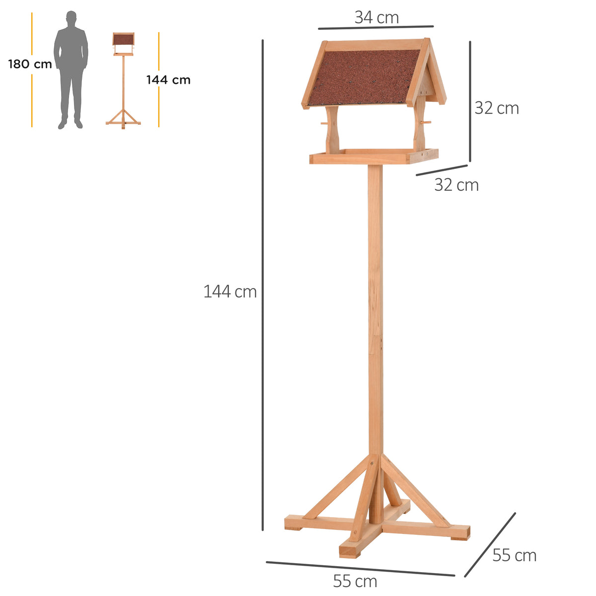 Mangeoire oiseaux extérieur sur pied, toit résistant aux intempéries, bois massif, 55 x 55 x 144 cm, bois naturel-2