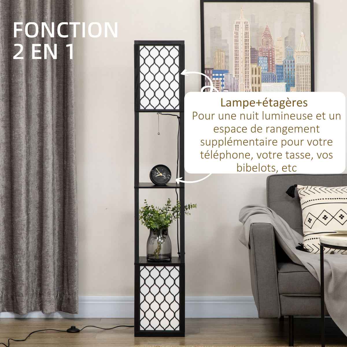 Lampadaire étagère 2 lampes 2 étagères 4 niveaux MDF noir motif nid d'abeille 26 x 26 x 156 cm noir-3