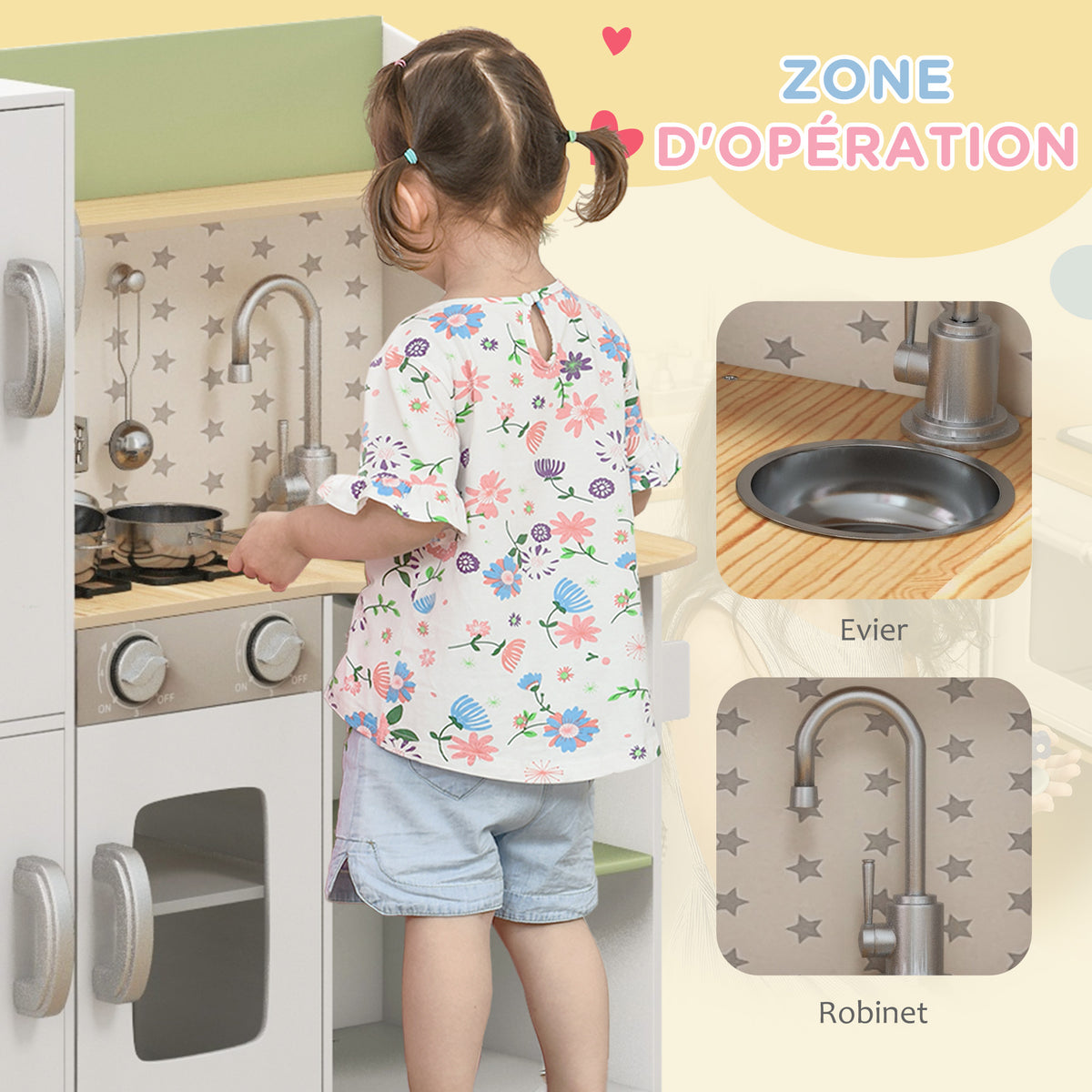 Cuisine enfant 3-8 ans jeu d'imitation avec machine à glaçons, évier mobile en acier inoxydable 84 x 34 x 89 cm blanc-4