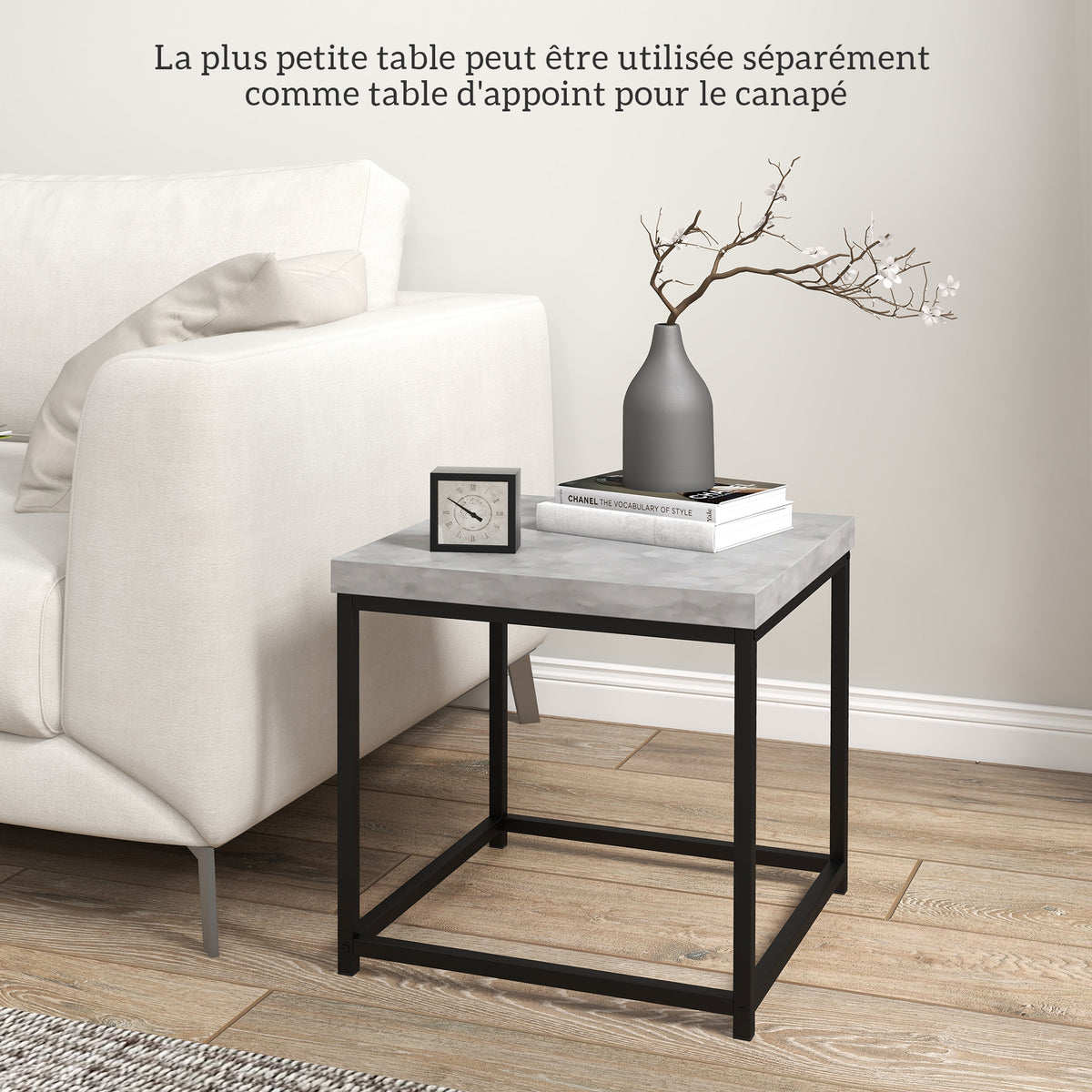 Lot de 2 tables gigognes tables basses carrées tables de salon cadre en acier et plateaux en bois gris-4