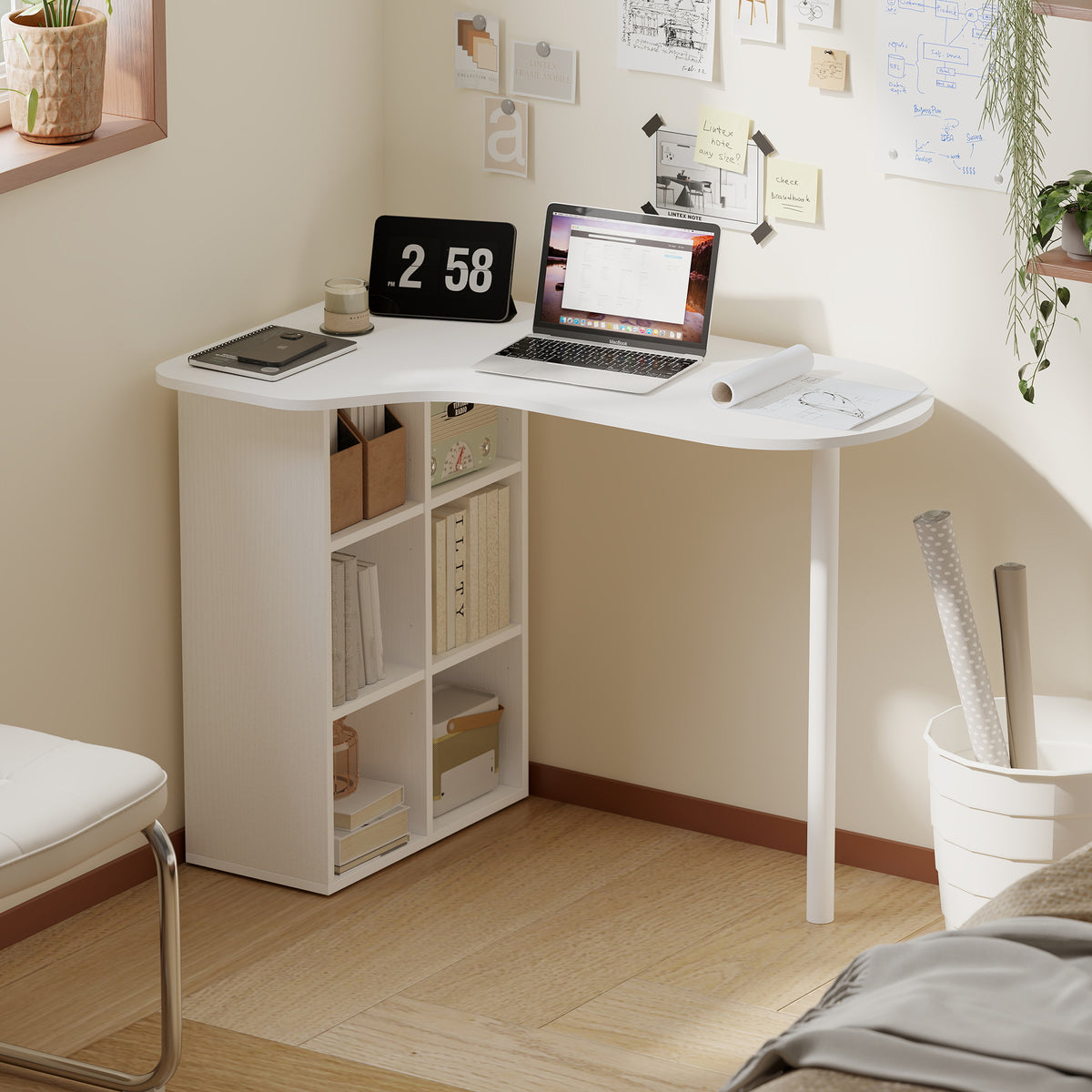Bureau irrégulier table d'ordinateur 100 x 59 cm avec 6 compartiments, 4 étagères réglables et cadre en acier, blanc-1