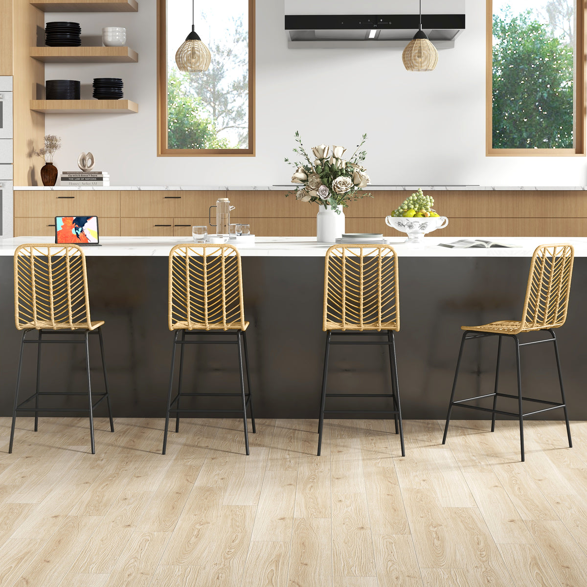 Lot de 4 tabourets de bar, chaises de bar, dossier en cannage et repose-pieds, cadre en acier, 42,5x52x102cm, jaune-1