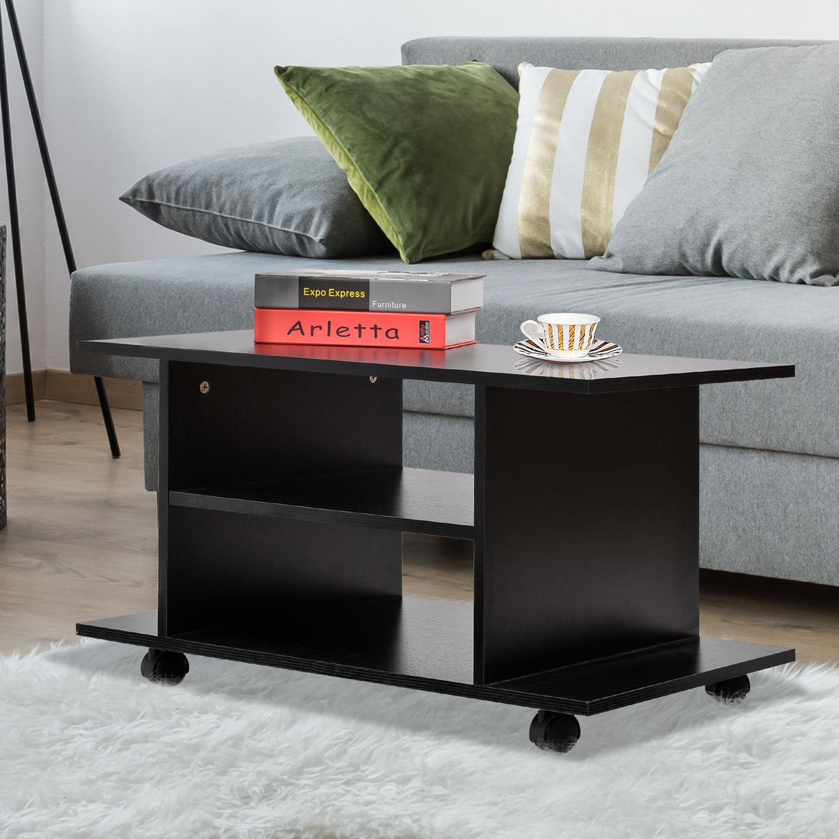 Meuble TV avec Roulettes 80 cm, Meuble Télé pour Téléviseur jusqu'à 42 Pouces avec Étagères Ouvertes, Style Moderne, Banc TV pour Salon, Chambre, Noir-9