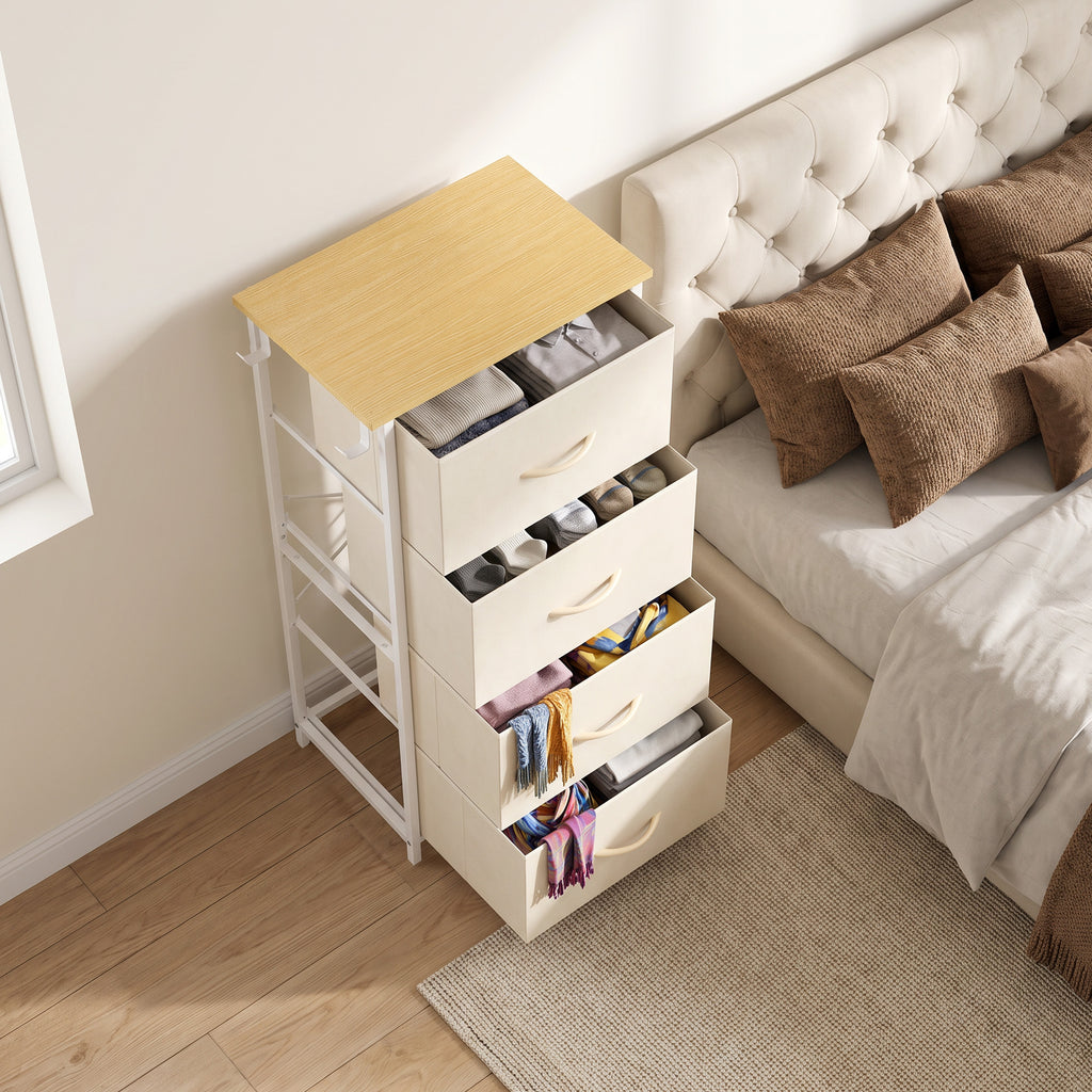 Commode 4 tiroirs en tissu, meuble de rangement avec 4 poches, 2 crochets, structure en acier, 45 x 30 x 94,5 cm, Beige-7