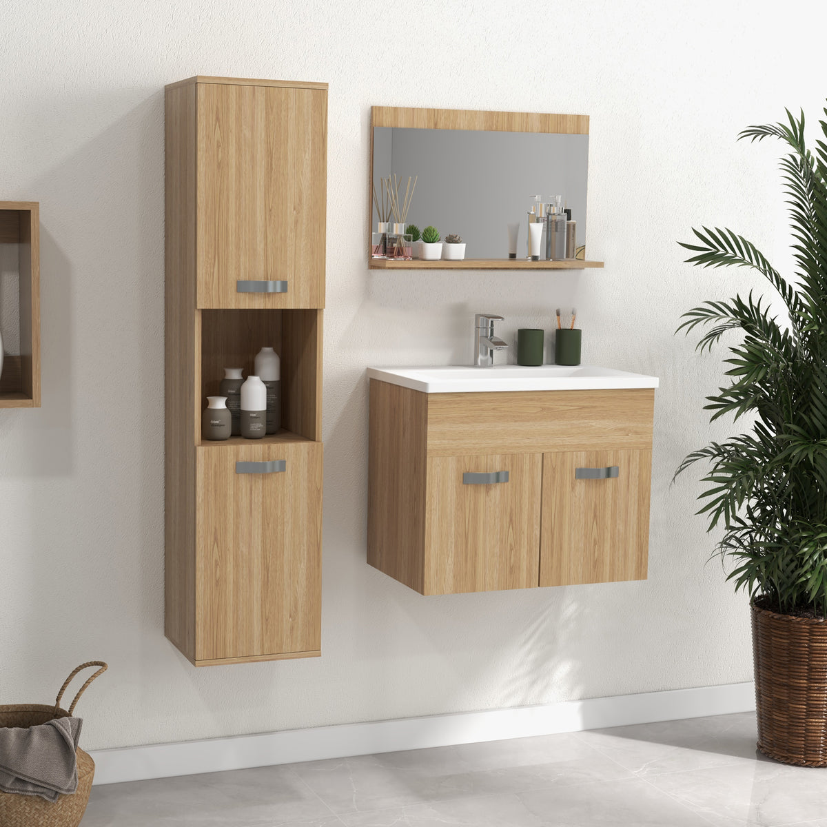 Ensemble de Meubles de Salle de Bain 4 Pièces, Mural, avec Miroir, Meuble sous Vasque, Lavabo et Armoire Haute, Naturel-1