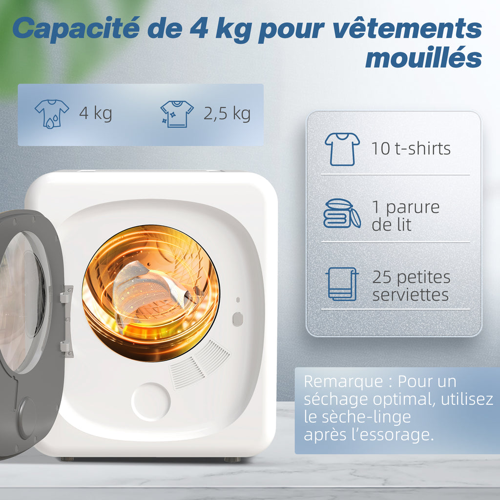Sèche-linge à évacuation portable 4 Kg, sèche-linge 800 W compact, 5 modes de séchage, minuterie, blanc-4