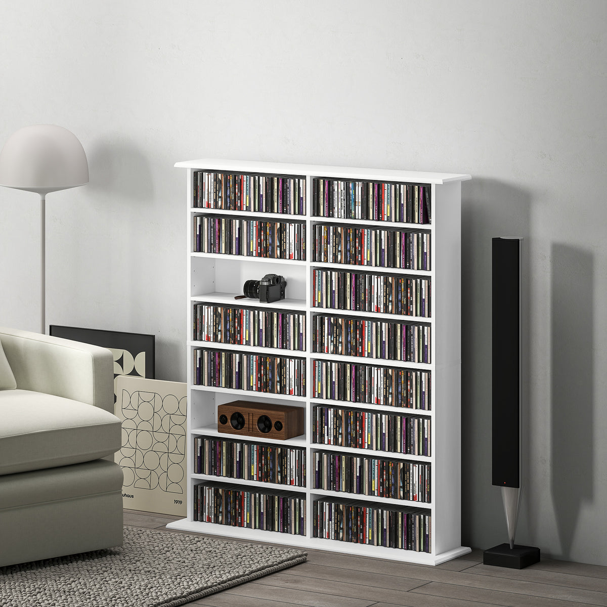Rangements pour CD et DVD avec 16 compartiments et 12 étagères réglables, capacité max. 720 CD/396 DVD et Blu-ray, blanc-9