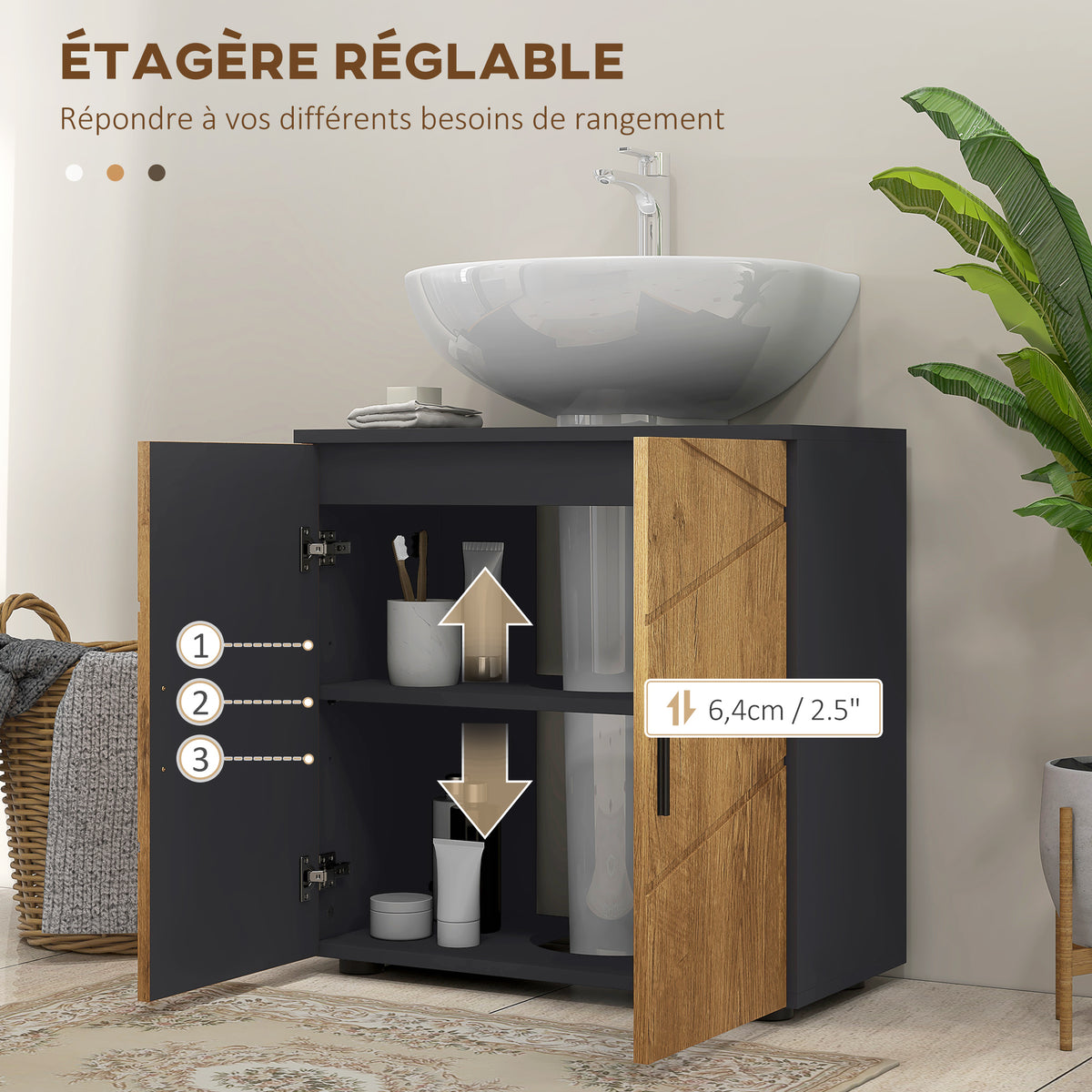 Meuble sous vasque lavabo meuble de salle de bain 2 portes avec étagère 60 x 30 x 60 cm gris anthracite et aspect bois-4