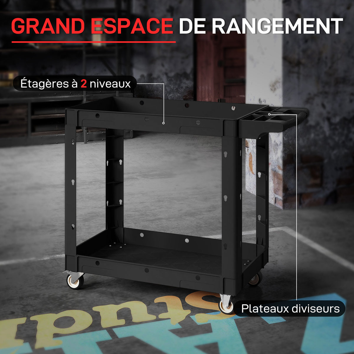 Chariot d'atelier servante atelier à 2 niveaux avec poignée latérale pour garage, entrepôt, outils de bricolage, noir-3