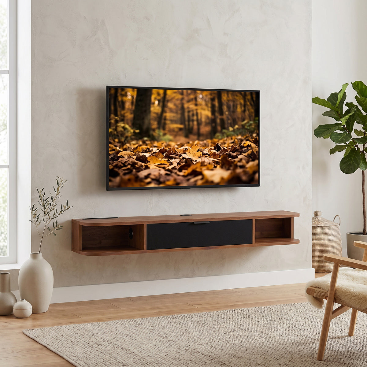 Meuble TV Suspendu, Meuble Télé pour Téléviseur jusqu'à 50 Pouces, Tiroir Rabattable, 2 Étagères, 120x24x16cm, Noyer-1