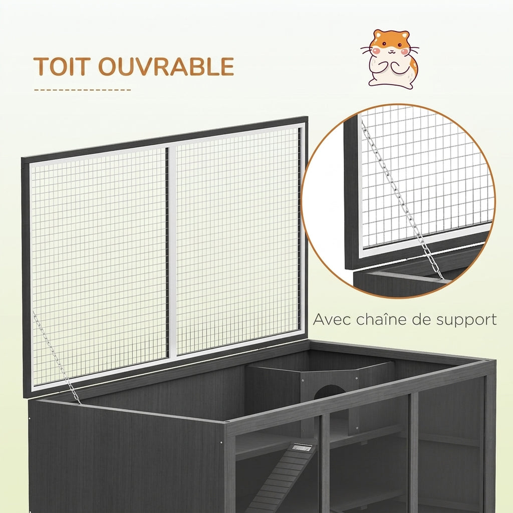 Cage à hamster cage gerbilles 2 niveaux toit ouvrable fenêtres cabane 2 échelle, 115 x 57 x 55 cm, gris-5