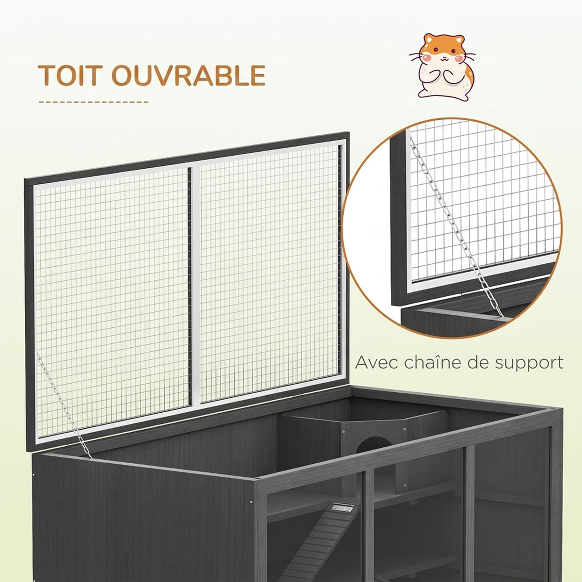 Cage à hamster cage gerbilles 2 niveaux toit ouvrable fenêtres cabane 2 échelle, 115 x 57 x 55 cm, gris-5