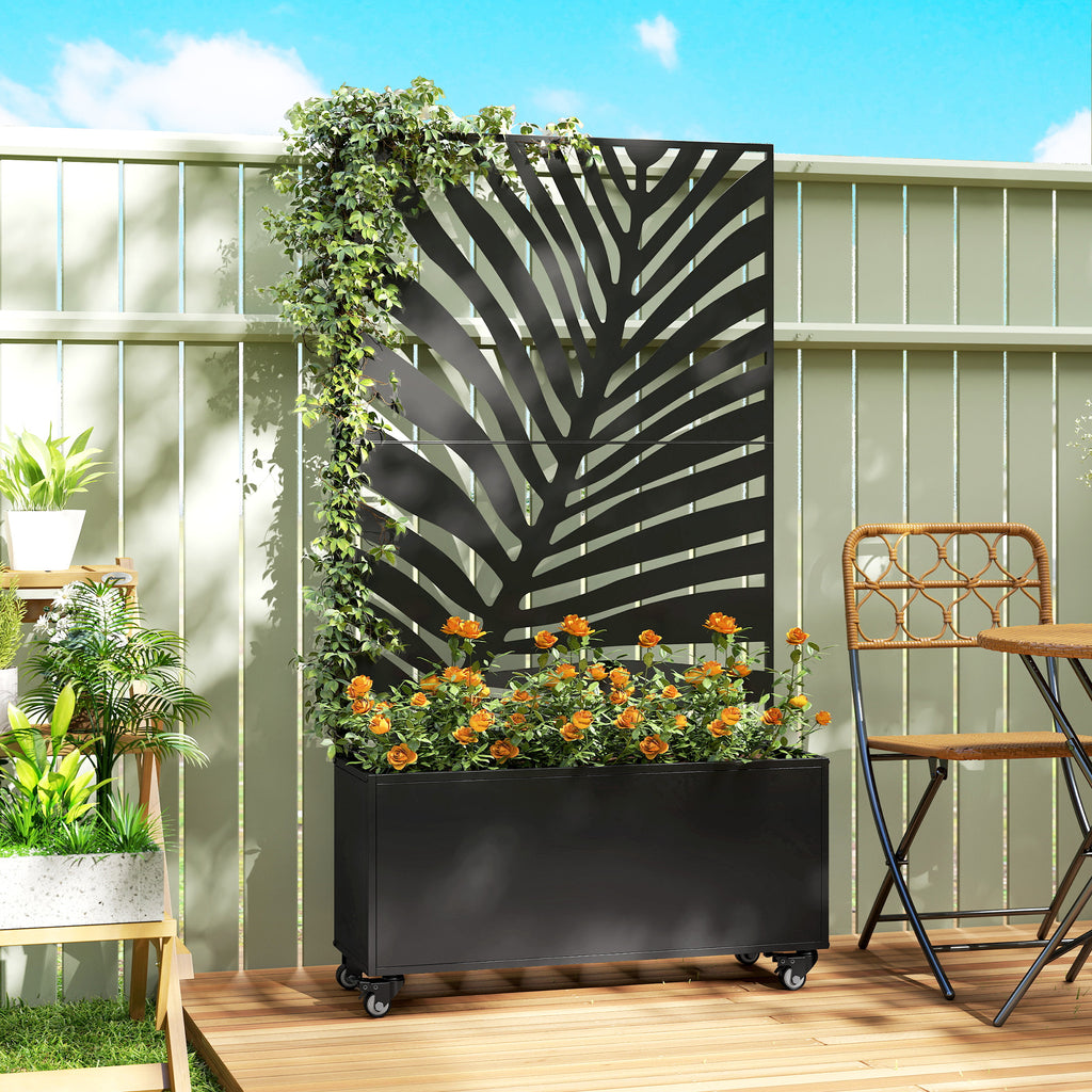 Jardinière avec treillis, bac à fleurs, avec brise-vue et roulettes verrouillables, métal, 90 x 30 x 160 cm, noir-1