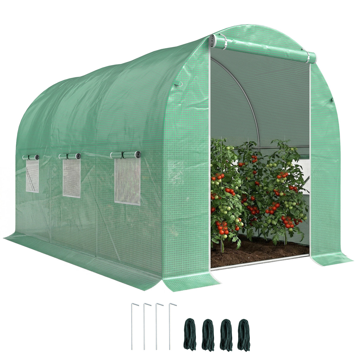Serre de Jardin Tunnel Surface Sol 6 m² 3L x 2l x 2H m acier Porte zippée 6 fenêtres enroulables Vert-0