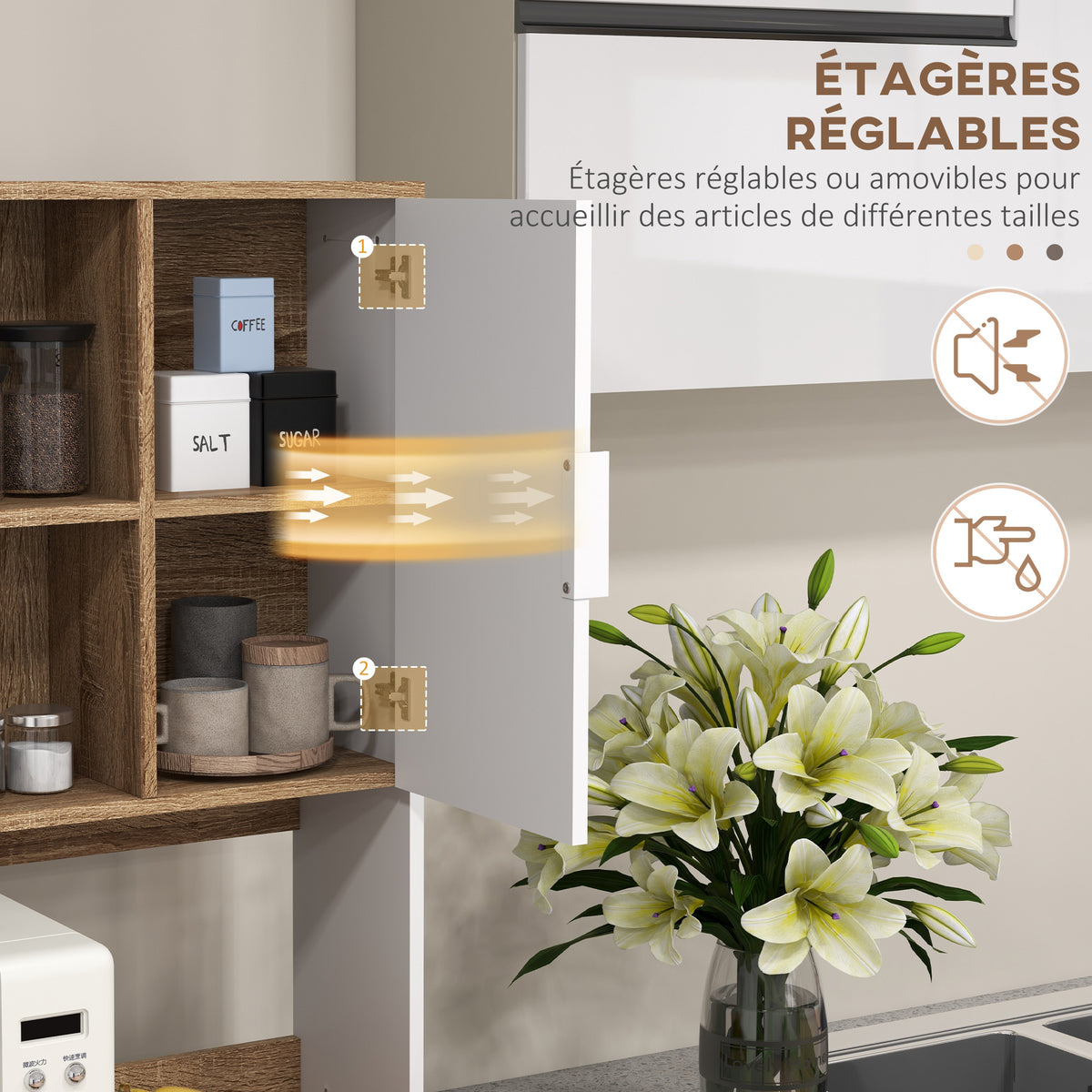 Armoire de cuisine Buffet meuble de rangement, 2 placards 4 portes 1 tiroir, passe-câbles 80L x 40P x 180H cm-4